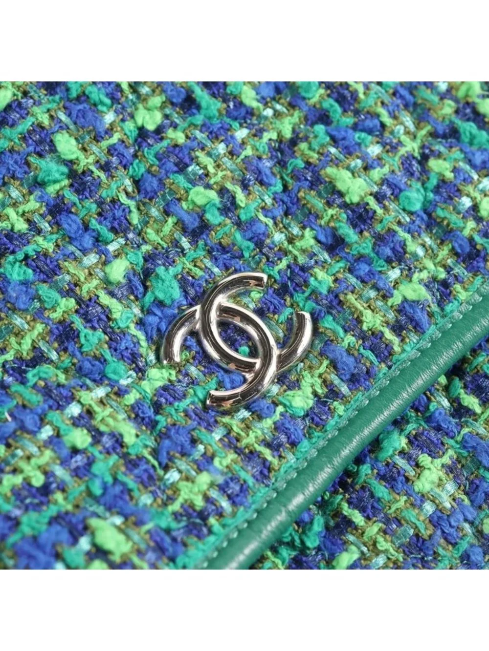 Chanel Quilted Hobo Shoulder Bag Tweed Leather Green Blue Silver